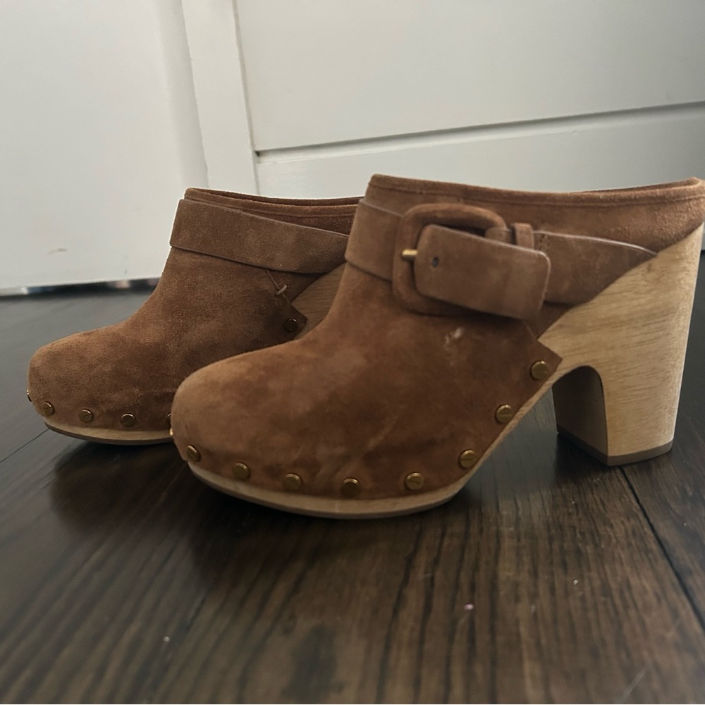 Veronica Beard Tan Suede Mules with Wooden Heel